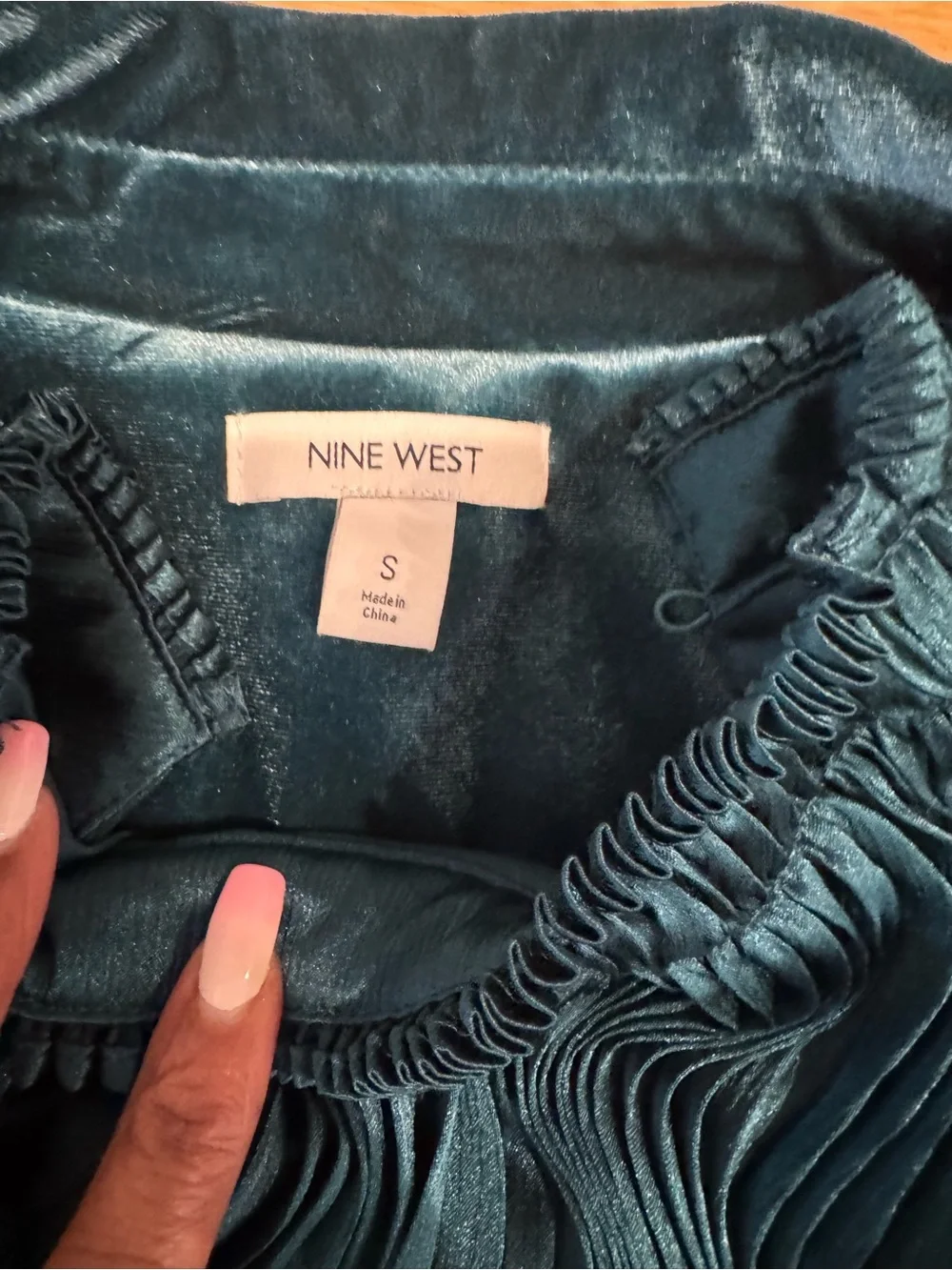Nine West Velvet Blazer & Wide-Leg Pants Set w/ Mock Neck Pleated Top - Green